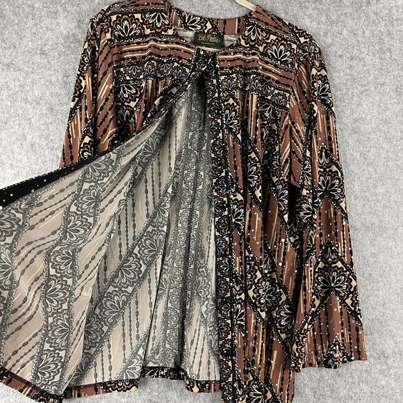 Bob Mackie Jersey Top Womens XL Brown Printed Sequins Button Front Stretch Artsy - Picture 4 of 16